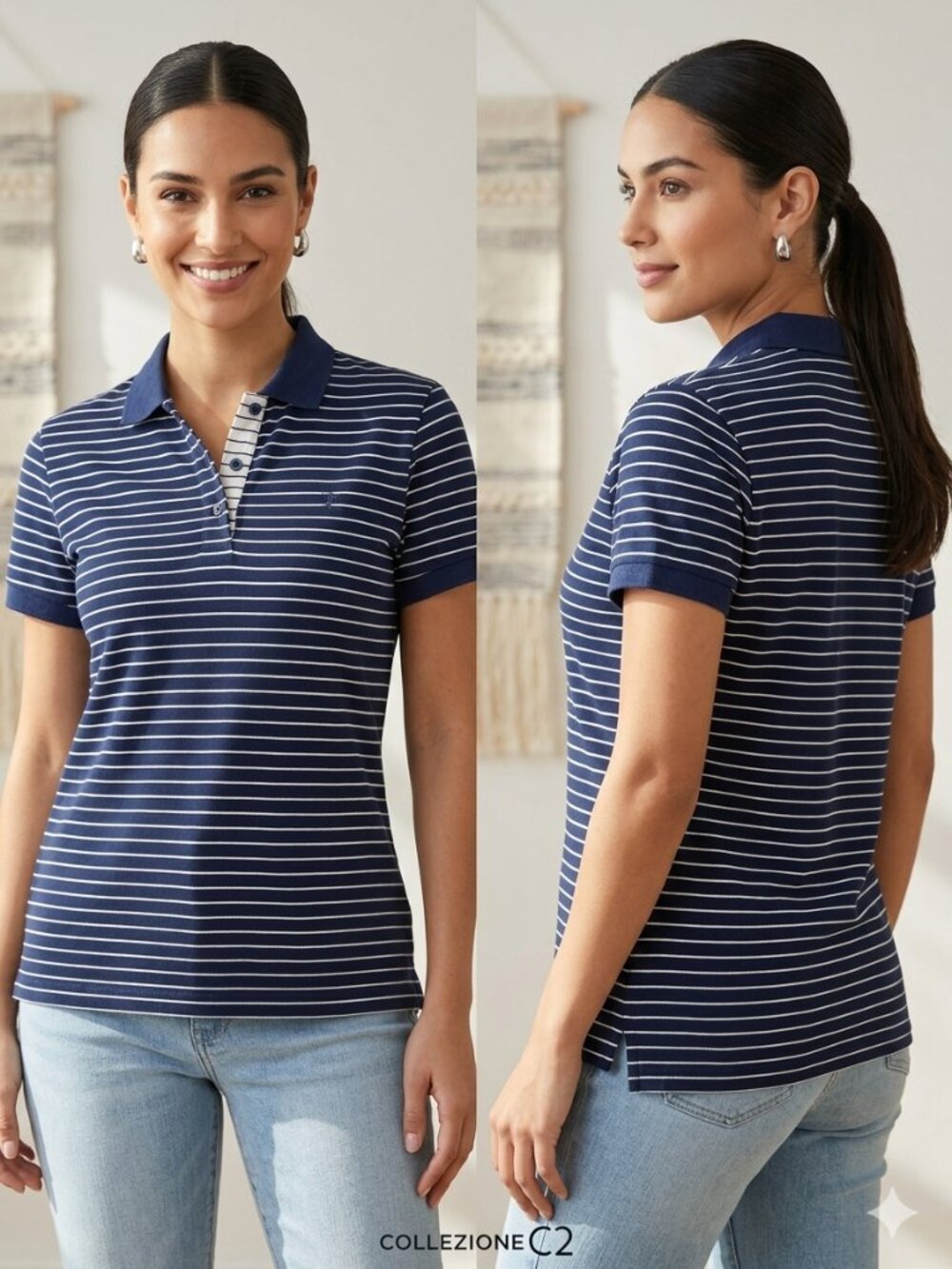 Collezione C2 Women's Striped Polo Shirt Navy Blue White Short Sleeve - Size 5